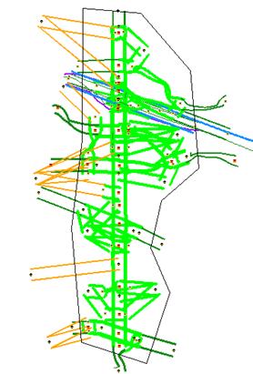 This figure shows a screenshot of Portland’s NW 185th Avenue subarea with all the network objects outside the subarea boundary and the links, nodes, zones, origin-destination pairs, and subarea path records cropped out.
