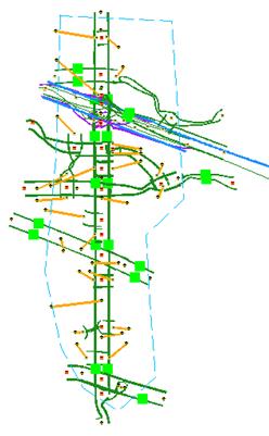 This figure shows a screenshot of the network created in Network EXplorer for Traffic Analysis when converting the subarea’s zonal connectors to side streets.