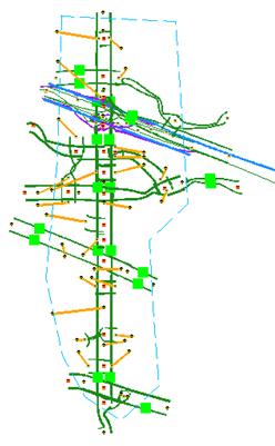 This figure shows a screenshot of the network created in Network EXplorer for Traffic Analysis when converting the subarea’s zonal connectors to side streets.