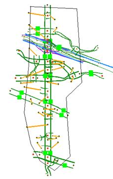 This figure shows a screenshot of the Portland NW 185th Avenue subarea’s field data sensor locations for origin-destination matrix estimation (ODME) in Network EXplorer for Traffic Analysis (NeXTA). The sensors are represented as green squares.
