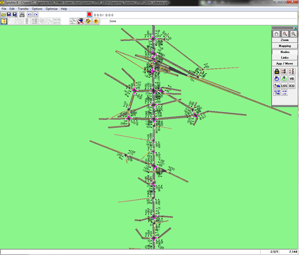 This figure shows a screenshot of the Portland NW 185th Avenue subarea network as it appears when imported into Synchro® from Network EXplorer for Traffic Analysis.