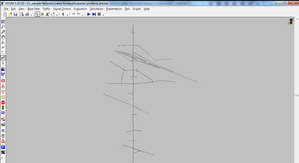 This figure shows a screenshot of the Portland NW 185th Avenue subarea network as it appears when imported into PTV Vissim® from Network EXplorer for Traffic Analysis.