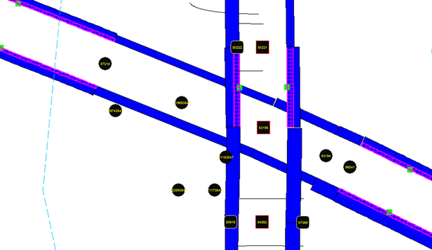 This figure shows a screenshot of the Portland NW 185th Avenue subarea network in Network EXplorer for Traffic Analysis (NeXTA). The width of the roadway links in blue represent the simulated link volume, and the purple cross-hatched line width represents the observed link volume on links with sensors (represented as green squares). The difference between the blue and purple cross-hatched lines represents the difference between observed and simulated volumes.