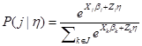 P times open parenthesis j conditional on line eta closed parenthesis equals e raised to the power of X subscript j times beta subscript j plus Z subscript j times eta all divided by the sum from k element of J of e raised to the power of X subscript k times beta subscript k plus Z subscript k times eta.