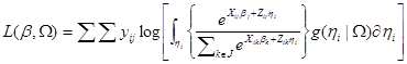 L open parenthesis beta, omega close parenthesis equals the double summation of y subscript ij log open bracket line integral subscript eta times i open parenthesis e raised to the power of X subscript ij times beta subscript j plus Z subscript ij times eta subscript i all divided by the sum from k element of J of e raised to the power of X subscript ik times beta subscript k plus Z subscript ik times eta subscript eta close parenthesis g open parenthesis eta subscript i or omega close parenthesis delta function eta subscript i.