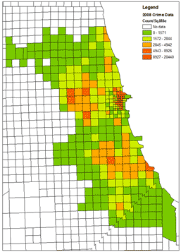 This illustration depicts a map of the crime count at the traffic analysis zone (TAZ) level in 2008 in Chicago, IL. Various colors in the map highlight different crime categories.