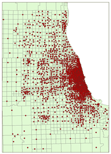 This illustration shows a mesoscopic-level street map of the Chicago area. It identifies the approximate locations of all origins and destinations recorded in the Household Travel Survey. There are more red dots clustered (indicating approximate locations) in Chicago than the suburbs. 