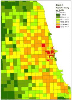 This illustration shows a heat map of the population density in the Chicago, IL, metro region at the traffic analysis zone (TAZ) level. Various colors highlight different population densities.