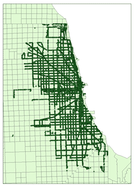 This traffic analysis zone map depicts the locations of Chicago Transit Authority (CTA) bus stops in Chicago, IL.