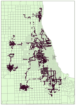 This traffic analysis zone map depicts the locations of Pace bus stops in Chicago, IL.