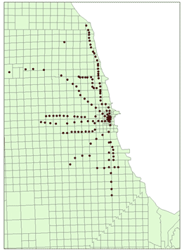 This traffic analysis zone map depicts the locations of Chicago Transit Authority (CTA) train stops in Chicago, IL.