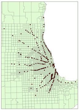 This traffic analysis zone map depicts the locations of Metra train stops in Chicago, IL.