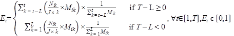 E subscript I equals open brace with two sets. First set sum of superscript t, subscript k equals t minus L open parenthesis the derivative of N subscript ik over J times K multiplied by M subscript ik close parenthesis multiplied by the derivative of 1 over the sum of superscript t, subscript k equals t minus L to the power of M subscript ik if T minus L is greater than or equal to zero when for all t element of closed interval 1,T, E subscript i element of the closed interval 0,1. Second set sum of superscript L, subscript k equals 1 open parenthesis the derivative of N subscript ik over J multiplied by M subscript ik close parenthesis multiplied by derivative of 1 over the sum of superscript L, subscript k equals 1 to the power of M subscript ik if T minus L is less than 0 when for all t element of closed interval 1,T, E subscript i element of the closed interval 0,1.