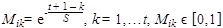 M subscript ik equals e times t plus 1 minus k divided by s, k equals 1,…t, M subscript ik times epsilon open bracket 0,1 closed bracket.