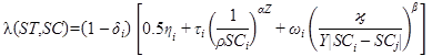 Lambda times open parenthesis ST, SC closed parenthesis equals open parenthesis 1 minus delta subscript i closed parenthesis times open bracket 0.5 times eta subscript i plus tau subscript i times open parenthesis 1 divided by rho times SC subscript i closed parenthesis raised to the power of alpha times Z plus omega subscript i times open parenthesis kai divided by Y times the absolute value of SC subscript i minus SC subscript j closed parenthesis raised to the power of beta closed bracket.