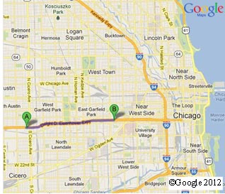 This map highlights a selected segment on the Eisenhower Expressway in Chicago, IL.