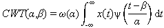 CWT ordered pair alpha, beta equals omega open parenthesis alpha close parenthesis line integral infinity, minus infinity x open parenthesis t close parenthesis golden ratio of derivative of t minus beta over alpha d times t. 