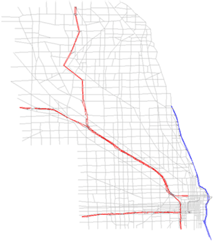 This illustration shows a mesoscopic model output diagram of the network configuration for the Chicago, IL, network.