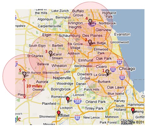 This map shows the Chicago, IL, study area including the locations of the region’s five automated surface observing systems (ASOSs) located at Midway International Airport, O’Hare International Airport, Dupage County Airport, Chicago Executive Airport, and the Aurora Municipal Airport.