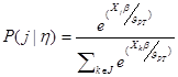 The probability of j conditional on eta equals the quotient of the exponential function of the quotient of X subscript j times beta divided by theta subscript PT all divided by the sum over k of all elements in J of the exponential function of the quotient of X subscript k times beta divided by theta subscript PT.