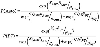 Probability choice auto: P open parenthesis Auto closed parenthesis equals derivative of exponential function open parenthesis X subscript Auto beta subscript Auto divided by the scale of the Gumbel distribution for the transit error term Auto close parenthesis over exponential function open parenthesis X subscript Auto Beta subscript Auto divided by the scale of the Gumbel distribution for the transit error term Auto close parenthesis plus variable exp open parenthesis X subscript PT beta subscript PT divided by the scale of the Gumbel distributions for the transit error term PT close parenthesis. Probability choice public transit: P open parenthesis PT closed parenthesis equals derivative of exponential function open parenthesis X subscript PT beta subscript Auto divided by the scale of the Gumbel distribution for the transit error term PT close parenthesis over variable exp open parenthesis X subscript Auto Beta subscript Auto divided by the scale of the Gumbel distribution for the transit error term Auto close parenthesis plus exponential function open parenthesis X subscript PT beta subscript PT divided by the scale of the Gumbel distributions for the transit error term PT close parenthesis.