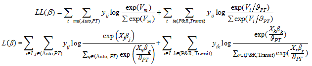 The function LL of beta equals the sum over i of all values of capital I of the sum over m of the elements in the set AUTO and PT of the product of y subscript ij and the logarithm of the quotient of the exponential function of V subscript m and the sum over q of the elements in the set Auto and PT of the exponential function of V subscript q and the sum over i of all values of capital I of the sum over k of the elements in the set P&R and Transit of the product of y subscript ij and the logarithm of the quotient of the exponential function of the quotient of V subscript i and scale of the Gumbel distribution for the transit error term PT and the sum over r of the elements in the set P&R and Transit of the exponential function of the quotient of X subscript r beta subscript r and scale of the Gumbel distribution for the transit error term PT. The function L of beta equals the sum of i over all values of I of the sum over j of the elements in the set AUTO and PT of the product of y subscript ij and the logarithm of the quotient of the exponential function of the product of X subscript j times beta subscript j divided by the sum of q of the elements in the set Auto and PT of the exponential function of the product of X subscript q times beta subscript q divided by the sum of i of all values of I of the sum over k of the elements in the set P&R and Transit of the product of y subscript ij times the logarithm of the quotient of the exponential function of the quotient of the product of X subscript k times beta subscript k divided by theta subscript PT all divided by the sum of r of the elements in the set P&R and Transit of the exponential function of the quotient of the product of X subscript r times beta subscript r divided by theta subscript PT.