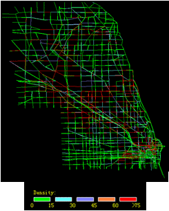 This map uses an underlying mesoscopic map of the Chicago, IL, system present density for a clear weather condition. The map indicates network density level using color coding (e.g., red = congested and green = uncongested) for each scenario. The network under clear weather is less congested than under median snow weather.