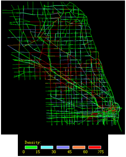 This underlying mesoscopic map of Chicago, IL, shows a simulated network density for scenario 3 at 9:30 a.m. There are fewer congested links visible for scenario 3 compared to scenario 2.