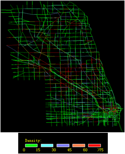 This underlying mesoscopic map of Chicago, IL, shows simulated network density for scenario 4.1.2 at 9:30 a.m. In comparison to scenario 2, scenario 4.1.2 is less congested, as the mode choice has mostly an effect on trips to and from the central business district.