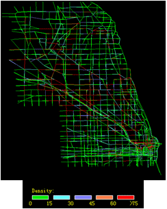 This underlying mesoscopic map of Chicago, IL, shows simulated network density for scenario 5 at 9:30 a.m. By shifting school-related trips an hour later, peak traffic can be flattened.