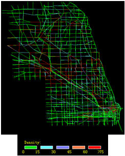This underlying mesoscopic map of Chicago, IL, shows simulated network density for scenario 6.1 at 9:30 a.m. The data show the impact of scenario 6.1 network wide and link specific where speeds and densities are fully recovering the benchmark scenario 1.