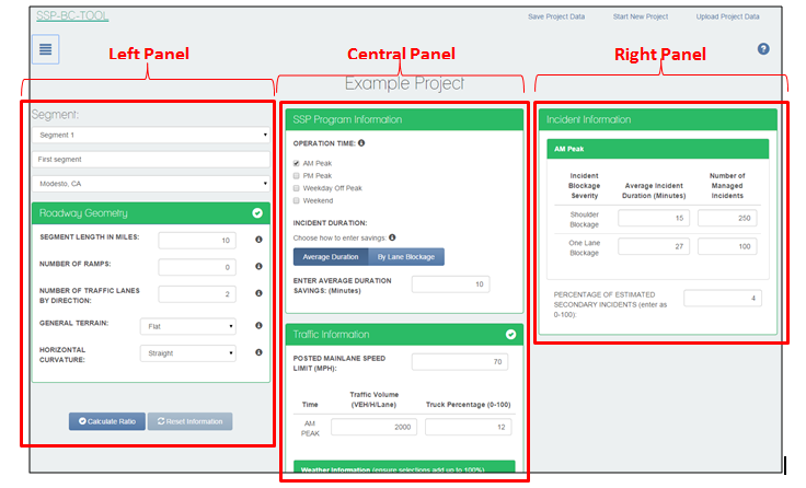 Figure 12 This screenshot shows the Segment Information screen. In the upper-left corner, the words SSP-BC Subtool appear. Under that, a box of horizontal bars appears, indicating that the user will click on that icon to reveal the sidebar. In the upper-right corner, the words Save Project Data, Start New Project, and Upload Project Data appear. Below the word Data, a question mark inside a blue circle appears. A Left Panel, Central Panel, and Right Panel are shown, each outlined in red. The Left Panel is the Segment screen. Below the word Segment is a drop-down box with Segment 1 shown in it. Beneath that drop-down box is a text field with First segment displayed. Beneath that is a drop-down box with Modesto, CA displayed. Beneath that is a highlighted box called Roadway Geometry. A green checkmark inside a white circle appears to the right of Roadway Geometry. Beneath that, Segment Length in Miles appears, with the number 10 displayed in a text entry box to the right. A lowercase white i appears in a black circle to the right of the text field box. Beneath that, Number of Ramps appears, with the number 0 displayed in a text entry box to the right. A lowercase white i appears in a black circle to the right of the text field box. Beneath that, General Terrain appears, with Flat displayed in a drop-down box to the right. A lowercase white i appears in a black circle to the right of the text field box. Beneath that, Horizontal Curvature appears, with Straight displayed in a drop-down box to the right. A lowercase white i appears in a black circle to the right of the text field box. A Calculate Ratio button and a Reset Information button appear at the bottom of the screen. The Central Panel includes the title SSP Program Information. Beneath the title, Operation Time appears. A lowercase white i appears in a black circle to the right of Operation Time. Beneath Operation Time four checkboxes appear, each with the following text: AM Peak (which is checked), PM Peak, Weekday Off Peak, Weekend. Beneath the four checkboxes, Incident Duration appears. Choose how to enter savings appears beneath that, and a lowercase white i appears in a black circle to the right. An Average Duration button and a By Lane Blockage buttons appear beneath Choose how to enter savings. Beneath the buttons, Enter Average Duration Savings (Minutes) and the number 10 appears in a text entry box. Also in the Central Panel is a Traffic Information section. A green checkmark in a white circle appears to the right of the Traffic Information Title. Beneath the Traffic Information title, Posted Mainlane Speed Limit (MPH) appears. To the right, the number 70 appears in a text entry box. Beneath that, the words Time, Traffic Volume (VEH/H/Lane), and Truck Percentage (0-100) appears. Beneath Time, AM PEAK appears. Beneath Traffic Volume (VEH/H/Lane), the number 2000 appears. Beneath Truck Percentage (0-100), the number 12 appears. Another section, Weather Information (ensure selections add up to 100%) appears. The Right Panel shows the Incident Information screen. Beneath the Incident Information title, AM Peak displays. Under AM Peak, Incident Blockage Severity, Average Incident Duration (Minutes), and Number of Managed Incidents appear on a line. Beneath the line, Shoulder Blockage displays. The number 15 appears in the text field beneath Average Incident Duration (Minutes) and 250 appears in the text field beneath Number of Managed Incidents. Beneath that line, One Lane Blockage appears and the number 27 appears in the text field beneath Average Incident Duration (Minutes). The number 100 in the text field beneath Number of Managed Incidents. Beneath another line, percentage of Estimated Secondary Incidents (enter as 0-100) appears. The number 4 appears in the text field.