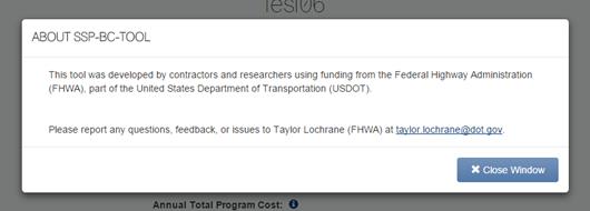 Figure 2 This screenshot shows the About screen of the SSP-BC Subtool. The screen consists mostly of text. There is an email link on which the user can click, and in the lower-right corner, there is a square button with the word Close on it.
