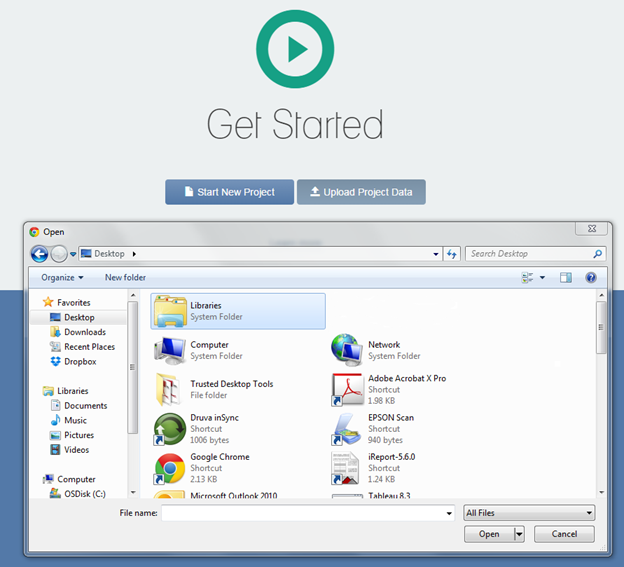 Figure 4 This screenshot shows the Get Started screen of the SSP-BC Subtool, and the Open dialog box superimposed above it. A triangle pointing to the right is surrounded by a circle. Under that icon, the words Get Started appear. Below that, a button with the words Start New Project appears, and to the right of that button, another button with the words Upload Project Data appears. The Open dialog box appears above the Get Started screen. On the left of the dialog box, a list of computer locations appears, from top to bottom: Favorites (a star appears to the left), Desktop (a desktop icon appears to the left), Downloads (a folder icon and a downward-pointing arrow icon appears to the left), Recent Places (an icon with a clock and tray with documents in it appears to the left), Dropbox (an open-box icon appears to the left), Libraries (an icon of a folder in a tray appears to the left), Documents (a document icon appears to the left), Music (a music note icon appears to the left), Pictures (a picture icon appears to the left), Videos (a film icon appears to the left), Computer, a computer icon appears to the left), OSDisk (an icon of a computer disk with the Microsoft logo appears to the left). In the main window, the following icons appear: Libraries (an icon of a folder in a tray appears on the left), Computer (a computer icon appears to the left), Trusted Desktop Tools (an icon with an open folder and documents appears to the left) Druva inSync (a circle with two curved arrows appears to the left), Google Chrome (the Google icon appears), Network (an icon of a computer with the globe behind it appears), Adobe Acrobat X Pro (the Adobe logo appears), ESPON Scan (an icon of a scanner appears to the left), iReport (an icon of a document with a shortcut arrow appears to the left). In the lower-right corner of the dialog box, an All Files drop-down list appears and beneath that, the Open button and the Cancel button appear.