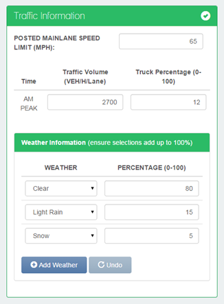 Figure 15 This is the screenshot of the Traffic Information section. A green checkmark in a white circle appears to the right of the Traffic Information title. Beneath the Traffic Information title, Posted Mainlane Speed Limit (MPH) appears. To the right, the number 65 appears in a text entry box. Beneath that, the words Time, Traffic Volume (VEH/H/Lane), and Truck Percentage (0-100) appear. Beneath Time, AM PEAK appears. Beneath Traffic Volume (VEH/H/Lane), the number 2700 appears. Beneath Truck Percentage (0-100), the number 12 appears. Another section, Weather Information (ensure selections add up to 100%) appears. Beneath the Weather information (ensure selections add up to 100%) title, the words Weather and Percentage (0-100) appear. Three drop-down boxes are beneath the Weather heading. Clear is displayed in the first drop-down box, Light Rain in the second drop-down box, and Snow in the third drop-down box. Beneath the Percentage (0-100) heading, 80 appears in the first text entry box, 15 appears in the second text entry box, and 5 appears in the third text entry box. An Add Weather button and an Undo button appear at the bottom of the screen.