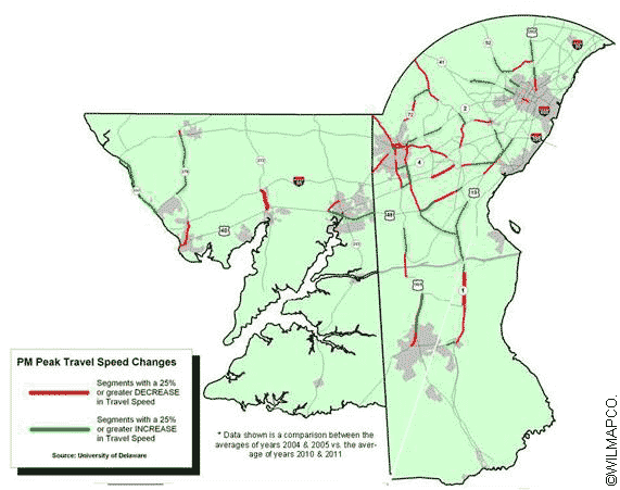 Figure 21. Map. The p.m. peak travel speed changes, 2004â€“2011.(48)