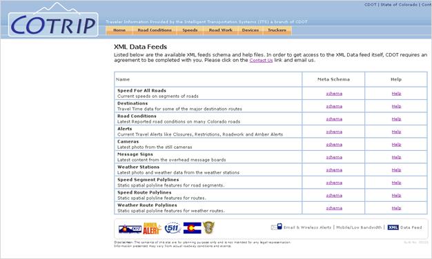 This screenshot of the COtrip XML Data Feeds Web page lists the available eXtensible Markup Language (XML) feeds schema and help files. For users to obtain access to the XML data feed itself, the Colorado Department of Transportation requires the user to complete an agreement. XML data feed names available for access include speed for all roads, destinations, road conditions, alerts, cameras, message signs, weather stations, speed segment polylines, speed route polylines, and weather route polylines.