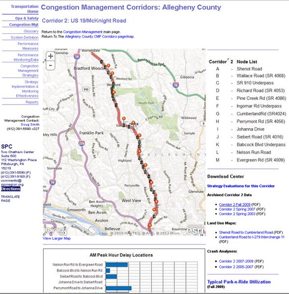 This screenshot is a Web page entitled “Congestion Management Corridors: Alleghany County; Corridor 2: US 19/McKnight Road.” The Web page contains a navigation menu on the left side, and the remainder of page contains a map, a legend for the map, part of a bar chart, contact information for the Southwest Pennsylvania Commission (SPC), and information related to the Download Center. 
The navigation menu on the left contains the following choices: “Transportation Home, Ops & Safety, Congestion Mgt, Glossary, System Definitions, Performance Measures, Performance Monitoring Data, Congestion Management Strategies, Strategy Implementation & Monitoring Effectiveness, Reports.” Also on the left-hand side of the Web page is the Congestion Management Contact: Dough Smith (412) 391-5590 x327. SPC, Two Chatham Center, Suite 500, 112 Washington Place, Pittsburgh, PA, 15219, (412) 391-5590 (P), (412) 391-9160 (F), comments@spcregion.org. There are also links to Directions and Translate Page.
The map shows the US 19 corridor and several other major roads in the area. Franklin Park, West View, Emsworth, Avalon, Wildwood, Glenshaw, and Gibsonia are prominent area names on the map. The US 19 corridor is highlighted in orange. Numerous markers (or nodes) are shown along this corridor. The node names are listed in the legend on the right side of the webpage. Node A is Shenot Road. Node B is Wallace Road (SR 4069). Node C is SR 910 Underpass. Node D is Richard Road (SR 4053). Node E is Pine Creek Rd (SR 4086). Node F is Ingomar Rd Underpass. Node G is Cumberland Rd (SR 4024). Node H is Perrymont Rd (SR 4024). Node I is Johanna Drive. Node J is Siebert Road (SR 4016). Node K is Babcock Blvd Underpass. Node L is Nelson Run Road. Node M is Evergreen Rd (SR 4009).
Below the map is a partially visible bar graph. The graph is titled AM Peak Hour Delay Locations. Visible y-axis labels include Nelson Run Rd to Evergreen Road, Babcock Blvd to Nelson Run Rd, Siebert Rd to Babcock Rd, and Perrymount Rd to Johanna Dr. Bars on the graph extend out from the y-axis toward the right. The x-axis is not visible, so units are unknown. The longest bars are Perrymount Rd to Johanna Dr., closely followed by Nelson Run Rd to Evergreen Road.
Information about the Download Center is displayed in the lower right side of the page. Archived Corridor 2 PDF data are downloadable for fall 2009, spring 2007, and spring 2003. Land use maps available for download include the Shenot Road to Cumberland Road PDF and the Cumberland Road to I-279 interchange 11 PDF. Crash Analysis is available for download and includes Corridor 2 2007–2009 PDF and Corridor 2 2005–2007 PDF. There is also a link to Typical Park-n-Ride Utilization, Fall 2009.