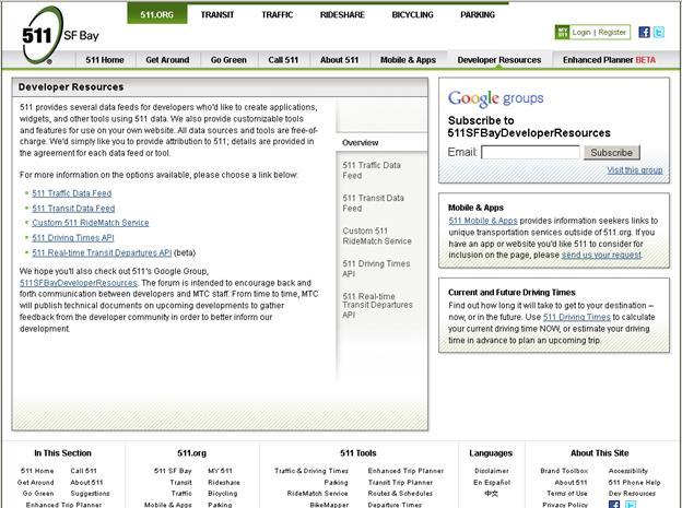 This screenshot of the 511.org section of the 511 SF Bay Web page containing Developer Resources, which include the 511 traffic data feed, 511 transit data feed, the custom 511 RideMatch service, the 511 driving times API, and the 511 real-time transit departures API (beta). There is also a Google Groups™ signup area in which users may enter their email address to subscribe to the 511 SF Bay Developer Resource group. Two additional boxes contain links to and information about 511 mobile apps and 511 driving times. Across the bottom of the screen are additional site links to other tools and information.