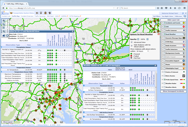 This screenshot of Clarus data on a Regional Integrated Transportation Information System regional map shows two charts overlaid on the map. The charts give color-coded status values (passed, failed, not run, and no data) for several different observation types across several different factors (complete, manual, climate range, step, like instrument, persistence, inhibition of return spatial, Barnes spatial, dew point, sea level pressure, and precipitation accumulation) for a specific Clarus system ID. A toggle bar in the top right-hand corner turns on and off several layers, one of which is the Clarus system.