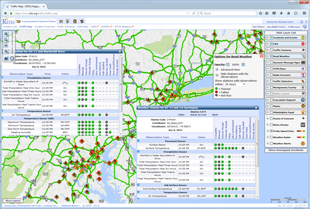 This screenshot of Clarus data on a Regional Integrated Transportation Information System regional map shows two charts overlaid on the map. The charts give color-coded status values (passed, failed, not run, and no data) for several different observation types across several different factors (complete, manual, climate range, step, like instrument, persistence, inhibition of return spatial, Barnes spatial, dew point, sea level pressure, and precipitation accumulation) for a specific Clarus system ID. A toggle bar in the top right-hand corner turns on and off several layers, one of which is the Clarus system. This screenshot of Clarus data on a Regional Integrated Transportation Information System regional map shows two charts overlaid on the map. The charts give color-coded status values (passed, failed, not run, and no data) for several different observation types across several different factors (complete, manual, climate range, step, like instrument, persistence, inhibition of return spatial, Barnes spatial, dew point, sea level pressure, and precipitation accumulation) for a specific Clarus system ID. A toggle bar in the top right-hand corner turns on and off several layers, one of which is the Clarus system.