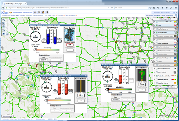 This screenshot of Clarus weather data on a Regional Integrated Transportation Information System regional map shows two graphics overlaid on the map. The graphics give date, temperature (surface and air), precipitation, and road surface status for a specific Clarus system ID. A toggle bar in the top right-hand corner turns on and off several layers, one of which is the Clarus system.