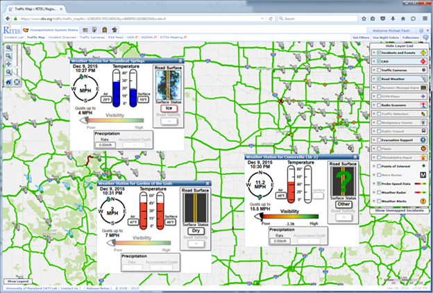 This screenshot of Clarus weather data on a Regional Integrated Transportation Information System regional map shows two graphics overlaid on the map. The graphics give date, temperature (surface and air), precipitation, and road surface status for a specific Clarus system ID. A toggle bar in the top right-hand corner turns on and off several layers, one of which is the Clarus system. This screenshot of Clarus weather data on a Regional Integrated Transportation Information System regional map shows two graphics overlaid on the map. The graphics give date, temperature (surface and air), precipitation, and road surface status for a specific Clarus system ID. A toggle bar in the top right-hand corner turns on and off several layers, one of which is the Clarus system.