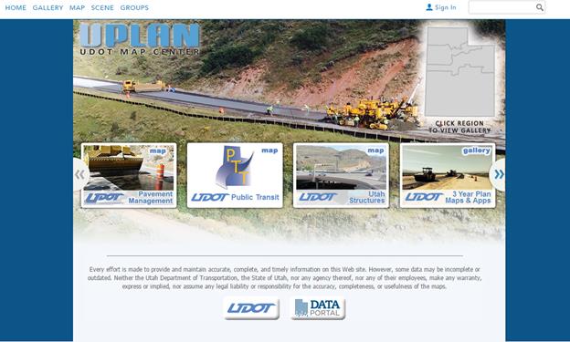 This screenshot of the UPlan Utah Department of Transportation (UDOT) Map Center Web page shows a graphic of a road under construction in the background. In the top right-hand corner is a map of Utah with regions delineated and text that reads, “Click region to view gallery.” Below this image are four icons for a map of pavement management, map of public transit, map of Utah structures, and gallery of 3-year plan maps and apps. Below these icons is text that reads as follows: “Every effort is made to provide and maintain accurate, complete, and timely information on this Web site. However, some data may be incomplete or outdated. Neither the Utah Department of Transportation, the State of Utah, nor any agency thereof, nor any of their employees, make any warranty, express or implied, nor assume any legal liability or responsibility for the accuracy, completeness, or usefulness of the maps.” Below this are two icons for UDOT and the data portal.