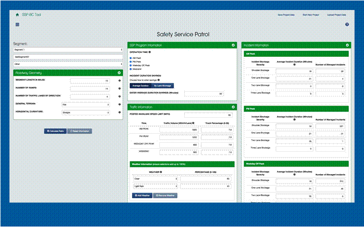 Figure 2. A screenshot of the Web-based tool shows the different options available, such as location, traffic information, and physical roadway characteristics.