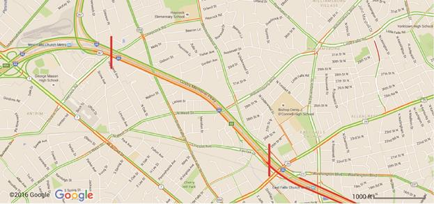 Figure 1. Map. Geographic scope of the study area and typical traffic situation in afternoon peak hours. This Google® map shows the geographic scope of the study area and a typical color-coded traffic situation during afternoon peak hours. The map shows I-66 in Arlington, VA, from the 267 interchange in the west to North Quincy Street in the east. I-66 traffic eastbound is red near the 267 interchange, yellow in the middle of the range, and green to the east. I-66 traffic westbound is green throughout.