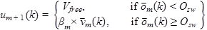 Figure 5. Equation. Speed-based algorithm speed advisory upstream of bottleneck. u subscript m plus 1 open parenthesis k closed parenthesis equals open bracket two options: (1) V subscript free if o line subscript m times open parenthesis k closed parenthesis is less than O subscript sw and (2) beta subscript m times v line subscript m times open parenthesis k closed parenthesis if o line subscript m times open parenthesis k closed parenthesis is greater than or equal to O subscript sw closed bracket. 