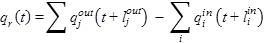 Figure 16. Equation. Estimation for flow rates. q subscript r times open parenthesis t closed parenthesis equals the sum of q superscript out subscript j times open parenthesis t plus l superscript out subscript j closed parenthesis minus sum with index i of q superscript in subscript i times open parenthesis t plus l superscript in subscript i closed parenthesis.