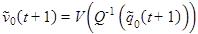 Figure 27. Equation. Density-based algorithm step 2â€”advisory speed recommendation 2. v tilde subscript 0 times open parenthesis t plus 1 closed parenthesis equals V times open parenthesis Q superscript -1 times open parenthesis q tilde subscript 0 times open parenthesis t plus 1 closed parenthesis closed parenthesis closed parenthesis.