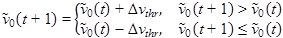 Figure 28. Equation. Density-based algorithm step 3â€”advisory speed recommendation 1. v tilde subscript 0 times open parenthesis t plus 1 closed parenthesis equals open bracket two options: (1) v tilde subscript 0 times open parenthesis t closed parenthesis plus delta v subscript thr, if v tilde subscript 0 times open parenthesis t plus 1 closed parenthesis is greater than v tilde subscript 0 times open parenthesis t closed parenthesis and (2) v tilde subscript 0 times open parenthesis t closed parenthesis minus delta v subscript thr, if v tilde subscript 0 times open parenthesis t plus 1 closed parenthesis is less than or equal to v tilde subscript 0 times open parenthesis t closed parenthesis.